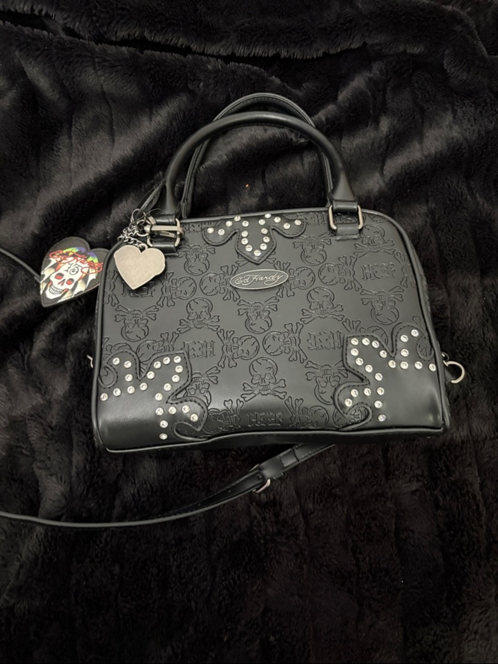 Ed Hardy Black Embossed Studded Satchel with Heart Charm